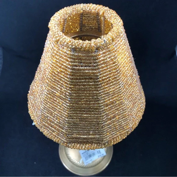 Set of 2 GOLD-TONED TEA-LIGHT CANDLE LAMPS with GOLD COLORED BEADED LAMPSHADES - Picture 6 of 16
